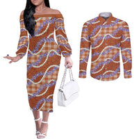 Orange Hawaii Palaka Honohono Pikake Couples Matching Off The Shoulder Long Sleeve Dress and Long Sleeve Button Shirt Hawaiian Orchid Lei Polynesian Pattern LT14 Orange - Polynesian Pride