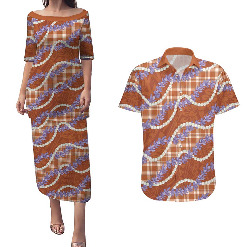 Orange Hawaii Palaka Honohono Pikake Couples Matching Puletasi and Hawaiian Shirt Hawaiian Orchid Lei Polynesian Pattern LT14 Orange - Polynesian Pride