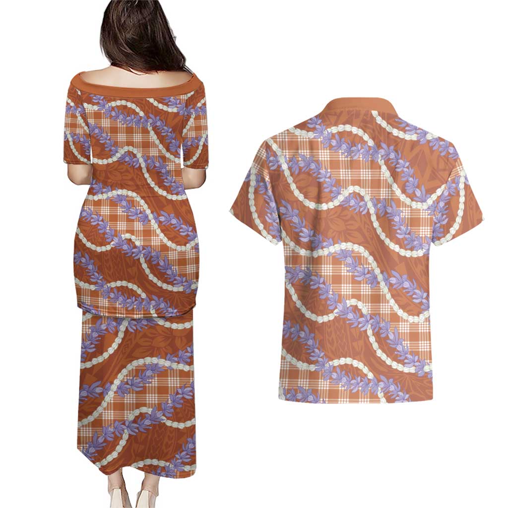 Orange Hawaii Palaka Honohono Pikake Couples Matching Puletasi and Hawaiian Shirt Hawaiian Orchid Lei Polynesian Pattern LT14 - Polynesian Pride