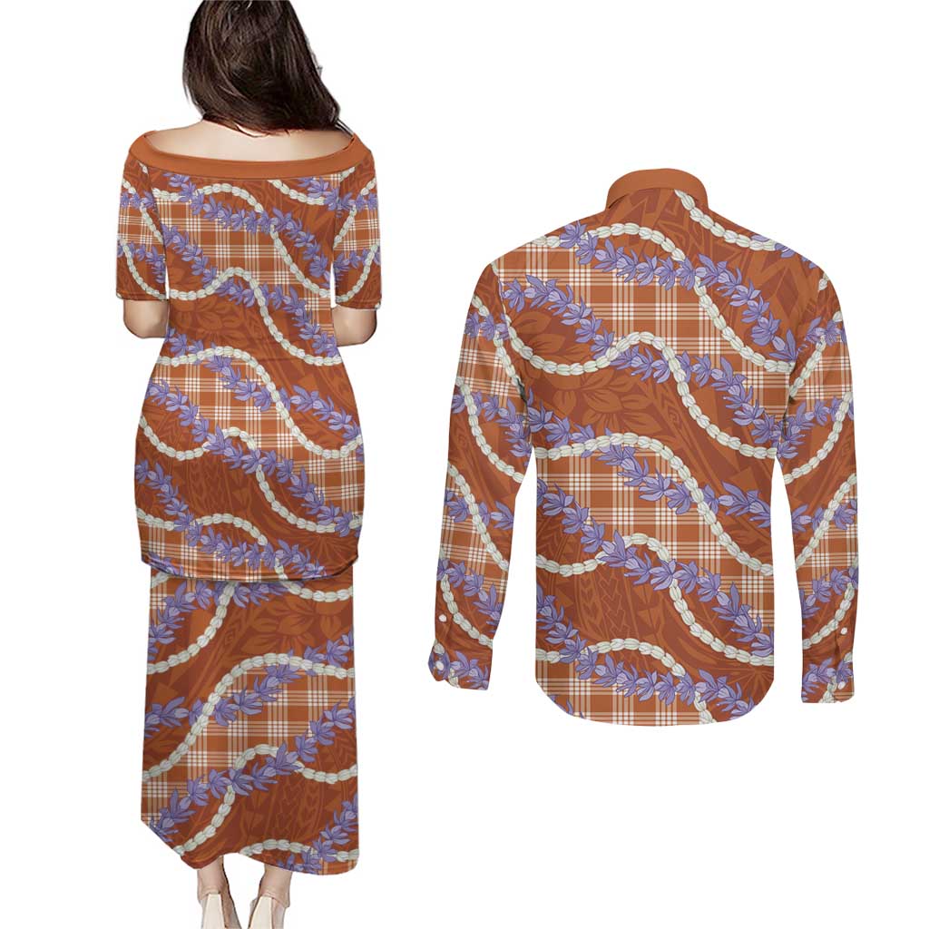 Orange Hawaii Palaka Honohono Pikake Couples Matching Puletasi and Long Sleeve Button Shirt Hawaiian Orchid Lei Polynesian Pattern LT14 - Polynesian Pride