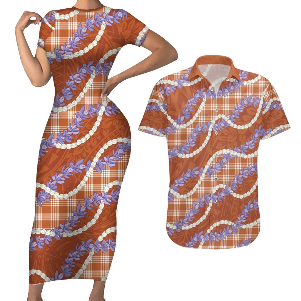 Orange Hawaii Palaka Honohono Pikake Couples Matching Short Sleeve Bodycon Dress and Hawaiian Shirt Hawaiian Orchid Lei Polynesian Pattern LT14 Orange - Polynesian Pride