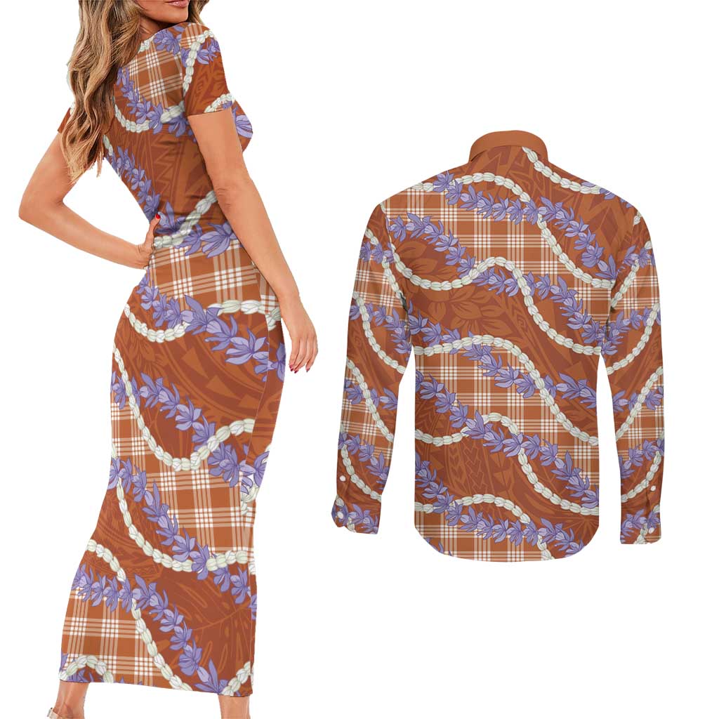 Orange Hawaii Palaka Honohono Pikake Couples Matching Short Sleeve Bodycon Dress and Long Sleeve Button Shirt Hawaiian Orchid Lei Polynesian Pattern LT14 - Polynesian Pride