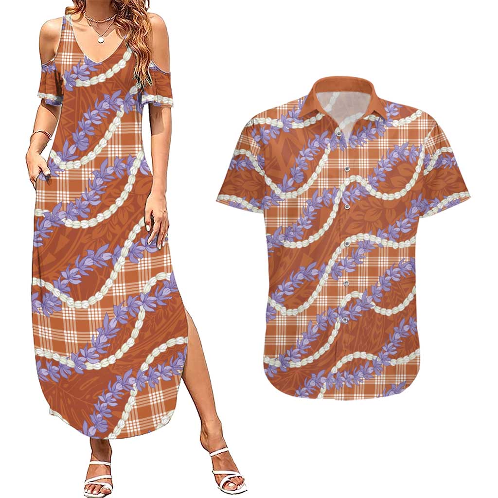 Orange Hawaii Palaka Honohono Pikake Couples Matching Summer Maxi Dress and Hawaiian Shirt Hawaiian Orchid Lei Polynesian Pattern - Polynesian Pride