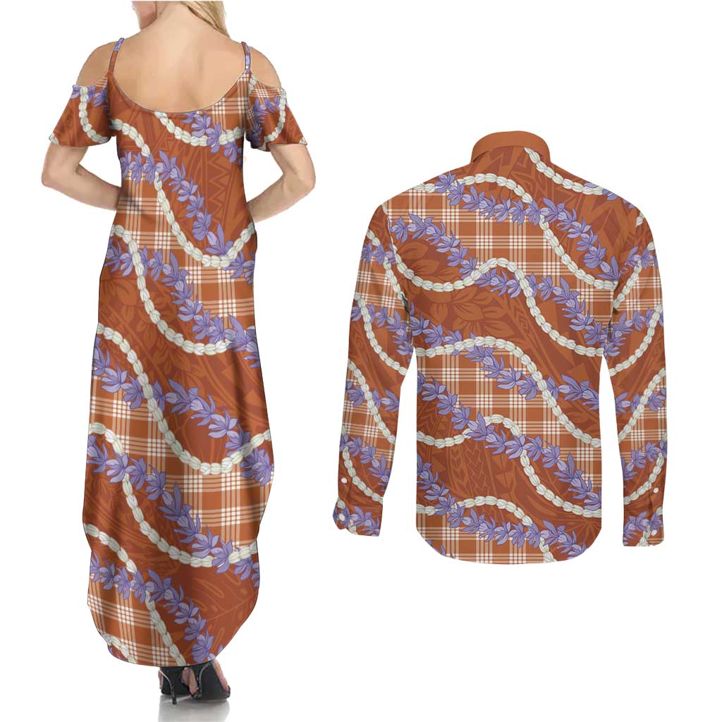 Orange Hawaii Palaka Honohono Pikake Couples Matching Summer Maxi Dress and Long Sleeve Button Shirt Hawaiian Orchid Lei Polynesian Pattern LT14 - Polynesian Pride