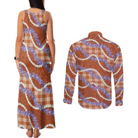 Orange Hawaii Palaka Honohono Pikake Couples Matching Tank Maxi Dress and Long Sleeve Button Shirt Hawaiian Orchid Lei Polynesian Pattern LT14 - Polynesian Pride