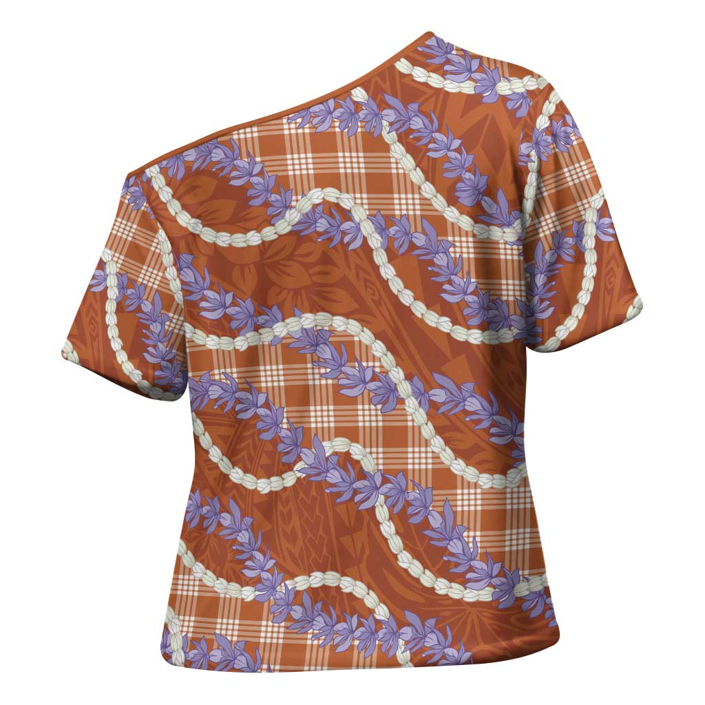 Orange Hawaii Palaka Honohono Pikake Cross Shoulder Shirt Hawaiian Orchid Lei Polynesian Pattern - Polynesian Pride