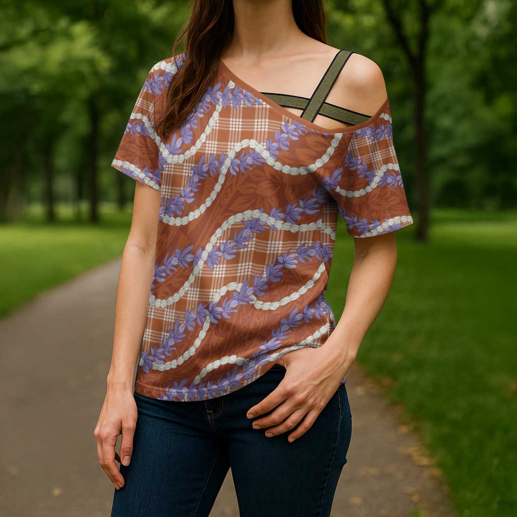 Orange Hawaii Palaka Honohono Pikake Cross Shoulder Shirt Hawaiian Orchid Lei Polynesian Pattern - Polynesian Pride