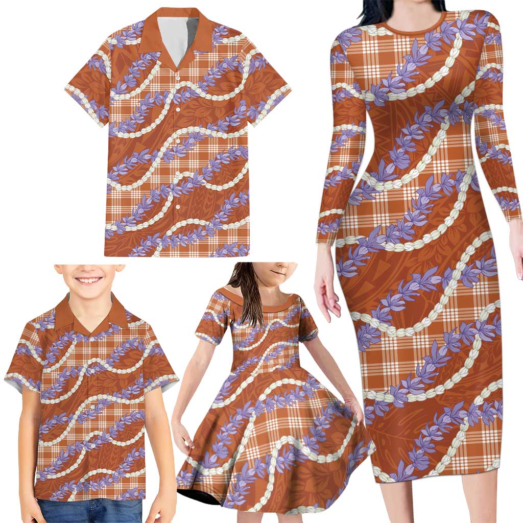 Orange Hawaii Palaka Honohono Pikake Family Matching Long Sleeve Bodycon Dress and Hawaiian Shirt Hawaiian Orchid Lei Polynesian Pattern LT14 - Polynesian Pride