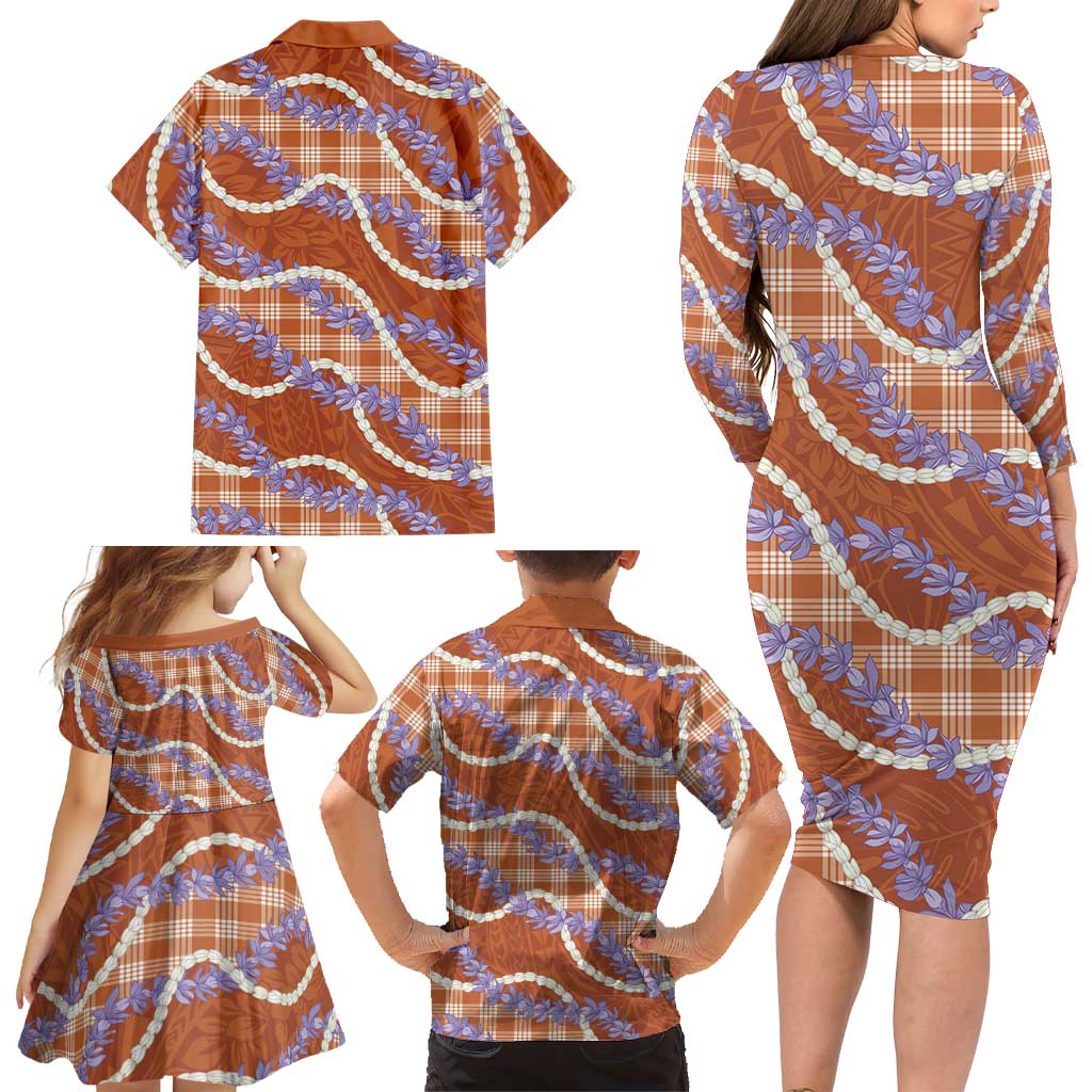 Orange Hawaii Palaka Honohono Pikake Family Matching Long Sleeve Bodycon Dress and Hawaiian Shirt Hawaiian Orchid Lei Polynesian Pattern LT14 - Polynesian Pride