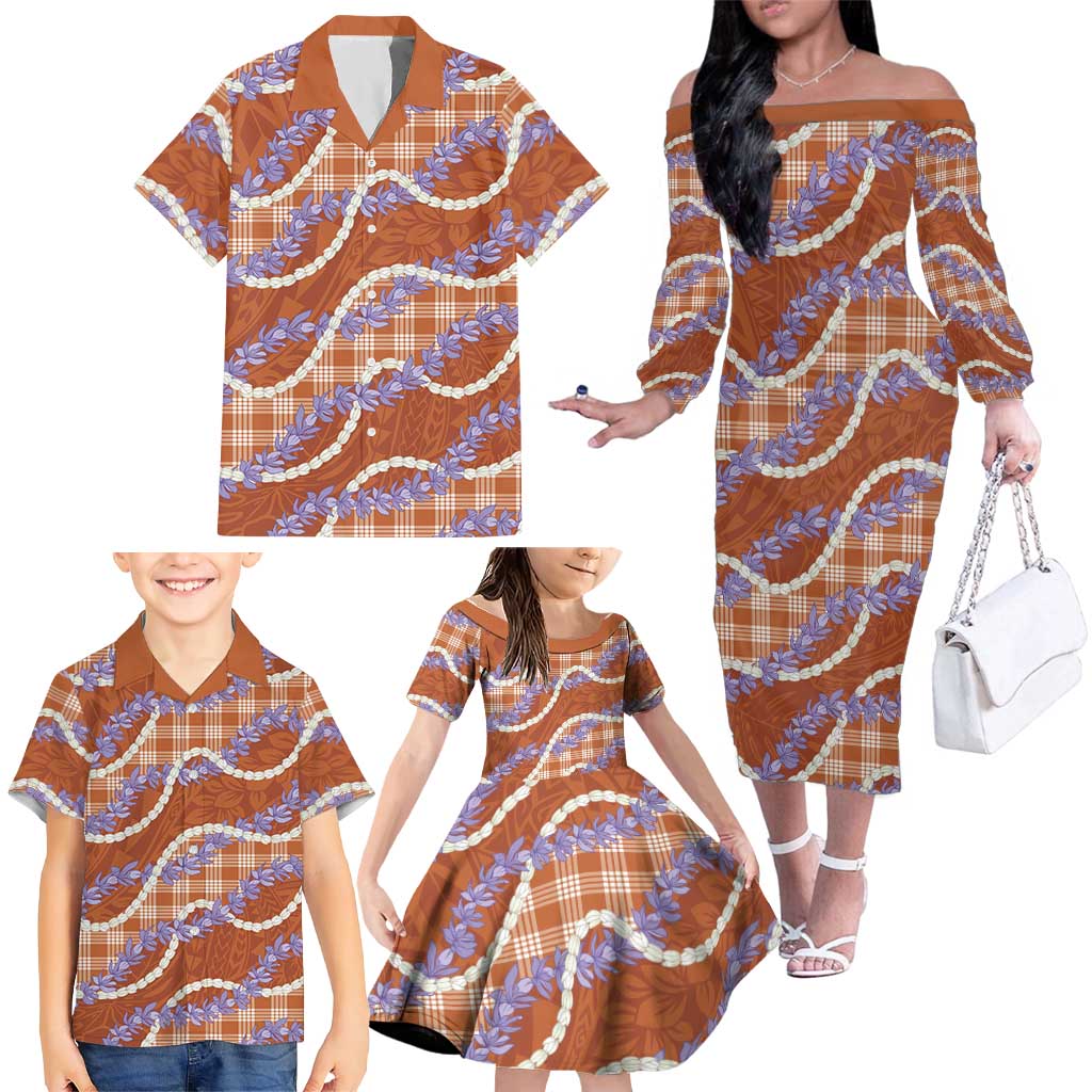 Orange Hawaii Palaka Honohono Pikake Family Matching Off The Shoulder Long Sleeve Dress and Hawaiian Shirt Hawaiian Orchid Lei Polynesian Pattern LT14 - Polynesian Pride