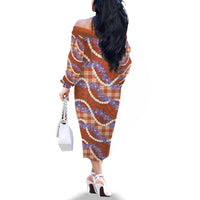 Orange Hawaii Palaka Honohono Pikake Family Matching Off The Shoulder Long Sleeve Dress and Hawaiian Shirt Hawaiian Orchid Lei Polynesian Pattern LT14 - Polynesian Pride
