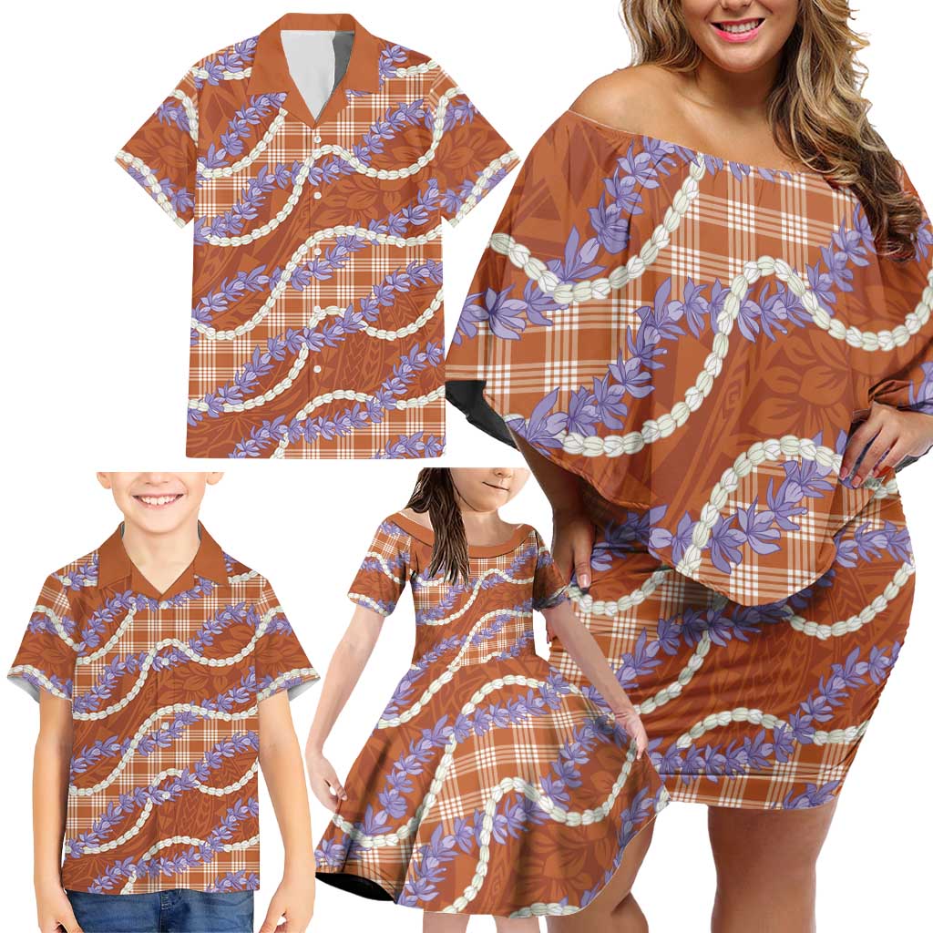 Orange Hawaii Palaka Honohono Pikake Family Matching Off Shoulder Short Dress and Hawaiian Shirt Hawaiian Orchid Lei Polynesian Pattern - Polynesian Pride