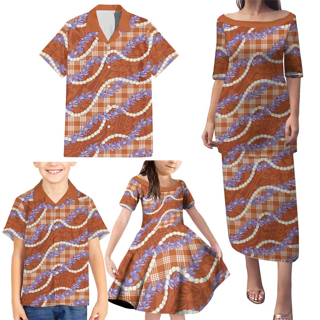 Orange Hawaii Palaka Honohono Pikake Family Matching Puletasi and Hawaiian Shirt Hawaiian Orchid Lei Polynesian Pattern - Polynesian Pride