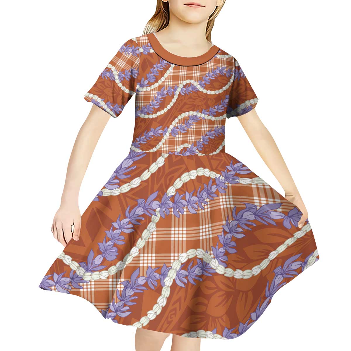 Orange Hawaii Palaka Honohono Pikake Kid Short Sleeve Dress Hawaiian Orchid Lei Polynesian Pattern LT14 - Polynesian Pride