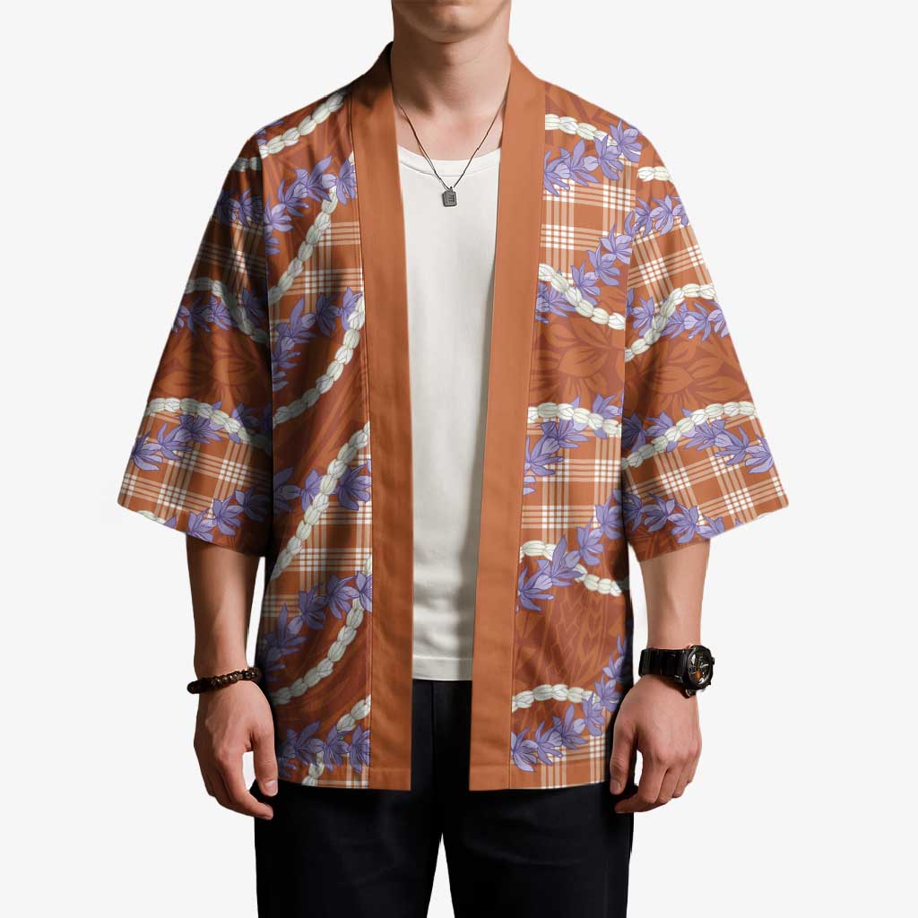 Orange Hawaii Palaka Honohono Pikake Kimono Hawaiian Orchid Lei Polynesian Pattern - Polynesian Pride