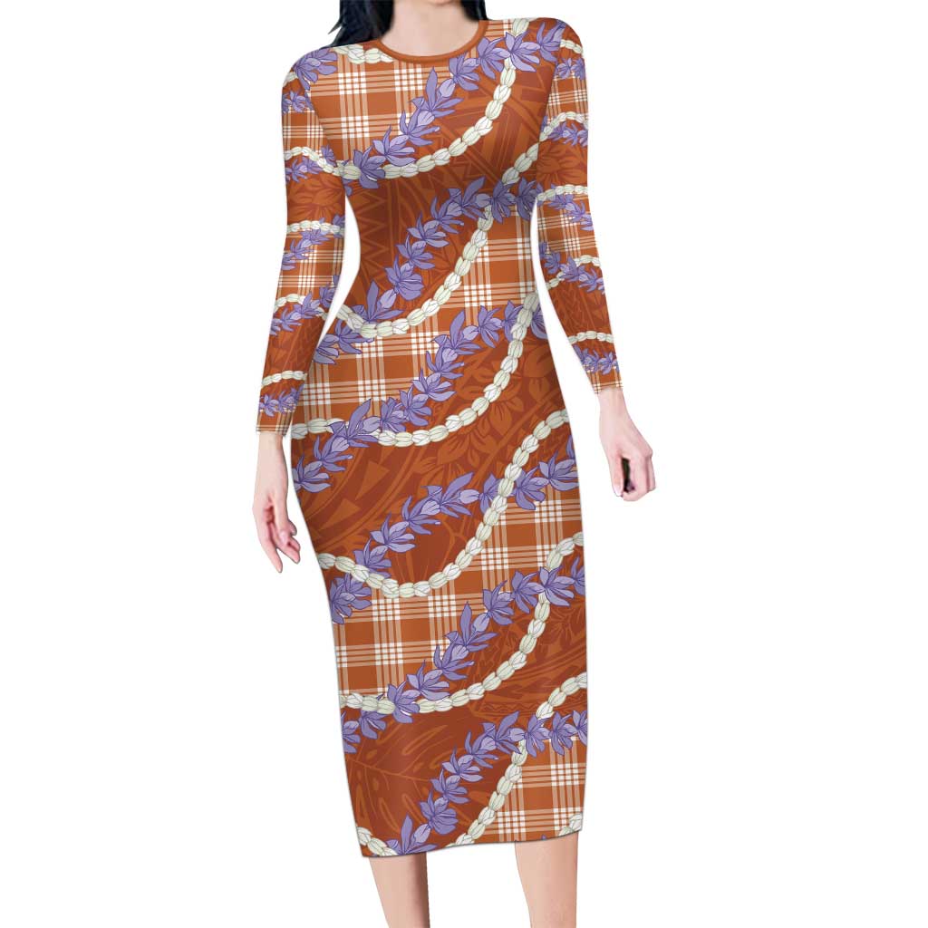 Orange Hawaii Palaka Honohono Pikake Long Sleeve Bodycon Dress Hawaiian Orchid Lei Polynesian Pattern LT14 Long Dress Orange - Polynesian Pride