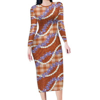Orange Hawaii Palaka Honohono Pikake Long Sleeve Bodycon Dress Hawaiian Orchid Lei Polynesian Pattern LT14 Long Dress Orange - Polynesian Pride