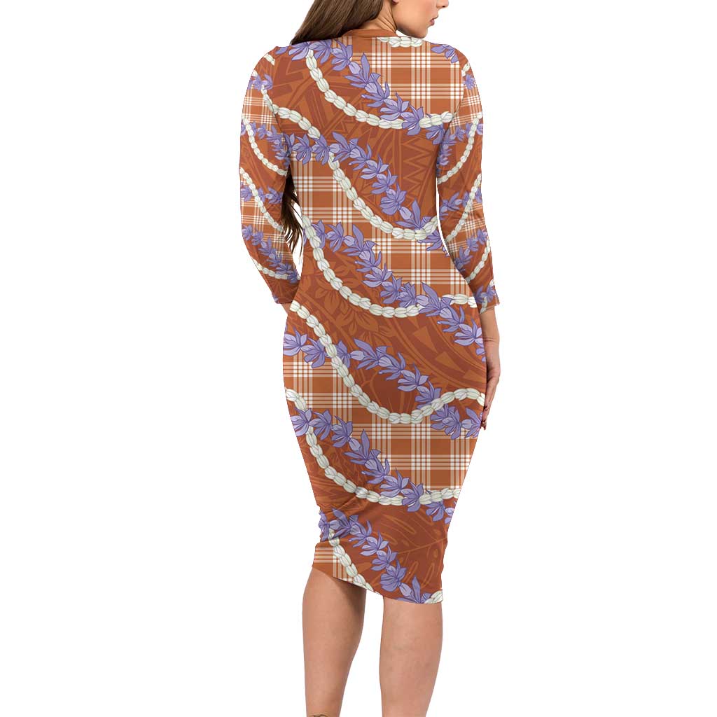 Orange Hawaii Palaka Honohono Pikake Long Sleeve Bodycon Dress Hawaiian Orchid Lei Polynesian Pattern LT14 - Polynesian Pride