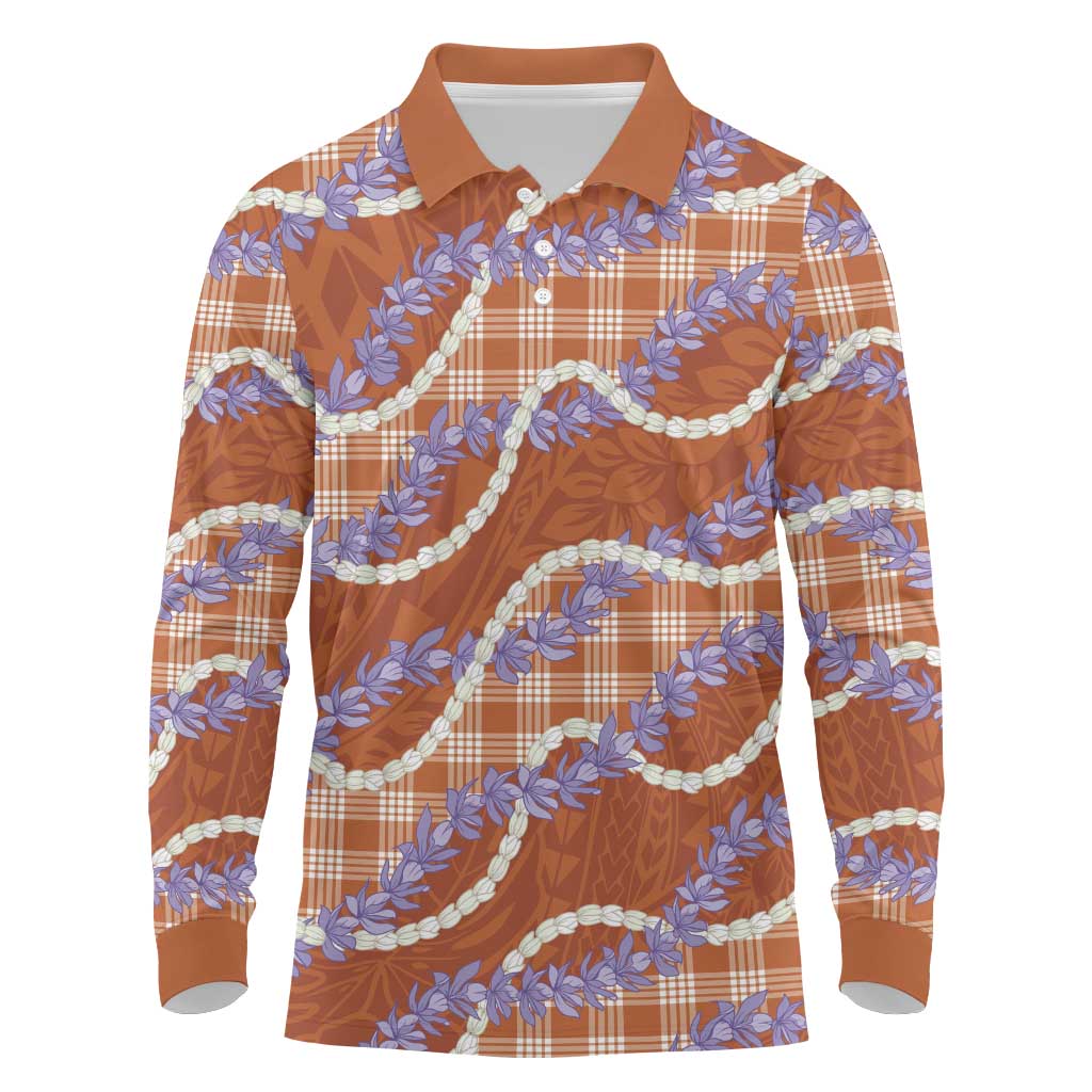 Orange Hawaii Palaka Honohono Pikake Long Sleeve Polo Shirt Hawaiian Orchid Lei Polynesian Pattern LT14 Orange - Polynesian Pride