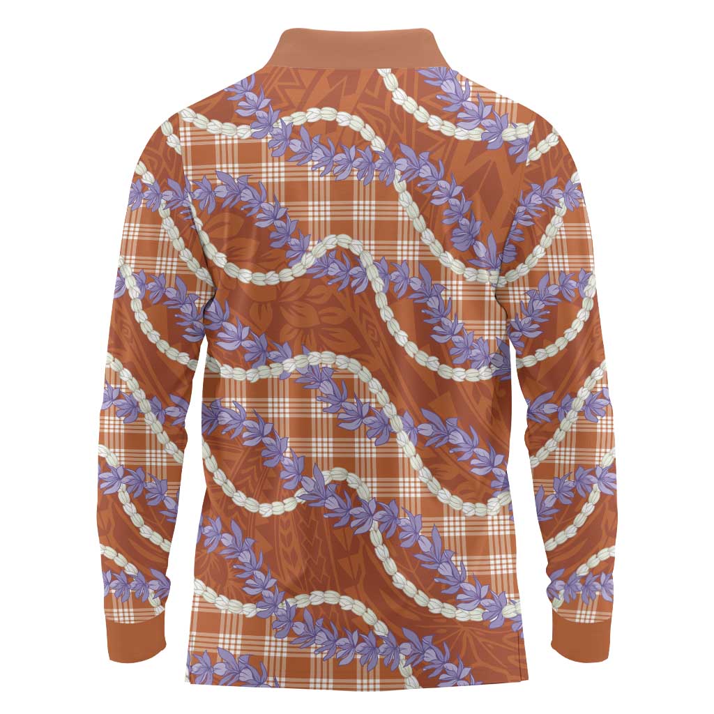 Orange Hawaii Palaka Honohono Pikake Long Sleeve Polo Shirt Hawaiian Orchid Lei Polynesian Pattern LT14 - Polynesian Pride
