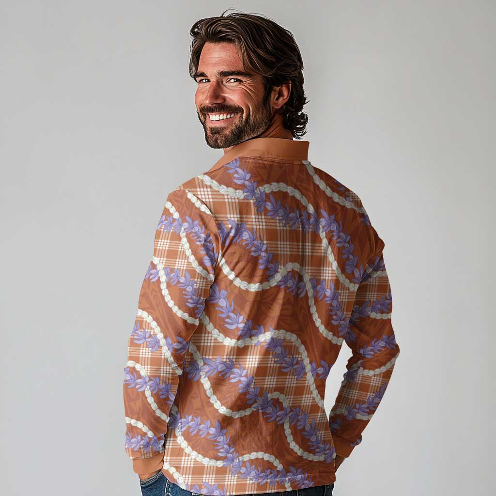 Orange Hawaii Palaka Honohono Pikake Long Sleeve Polo Shirt Hawaiian Orchid Lei Polynesian Pattern LT14 - Polynesian Pride