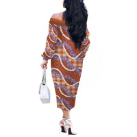 Orange Hawaii Palaka Honohono Pikake Off The Shoulder Long Sleeve Dress Hawaiian Orchid Lei Polynesian Pattern LT14 - Polynesian Pride