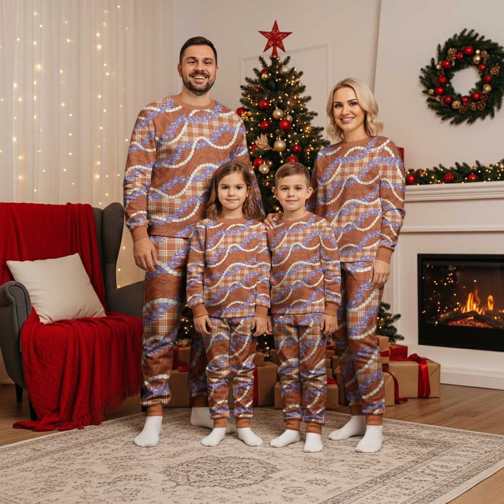 Orange Hawaii Palaka Honohono Pikake Christmas Pajama Set Hawaiian Orchid Lei Polynesian Pattern - Polynesian Pride