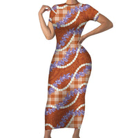 Orange Hawaii Palaka Honohono Pikake Short Sleeve Bodycon Dress Hawaiian Orchid Lei Polynesian Pattern LT14 Long Dress Orange - Polynesian Pride