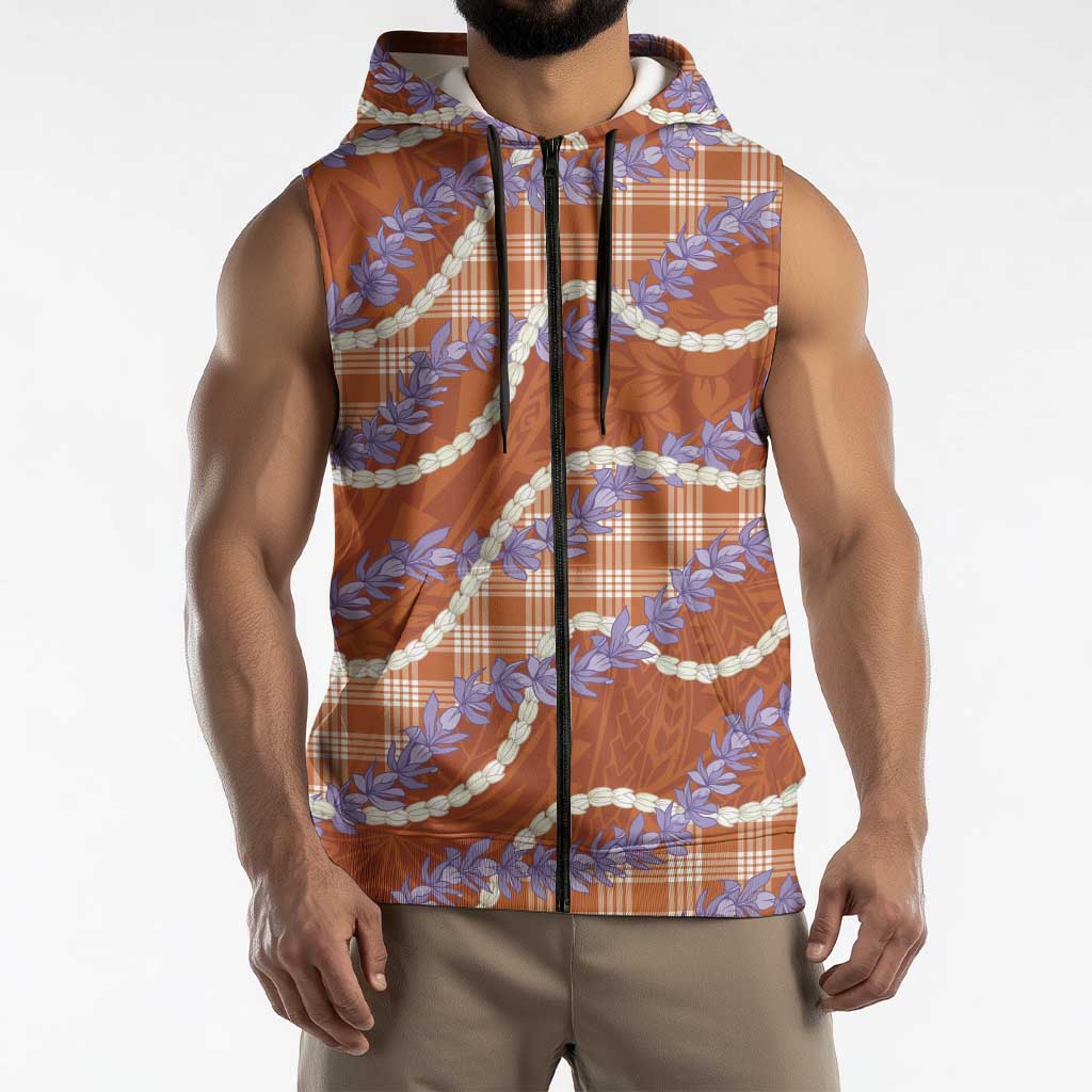 Orange Hawaii Palaka Honohono Pikake Sleeveless Zip Hoodie Hawaiian Orchid Lei Polynesian Pattern LT14 - Polynesian Pride