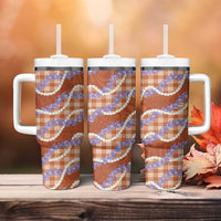 Orange Hawaii Palaka Honohono Pikake Tumbler With Handle Hawaiian Orchid Lei Polynesian Pattern - Polynesian Pride