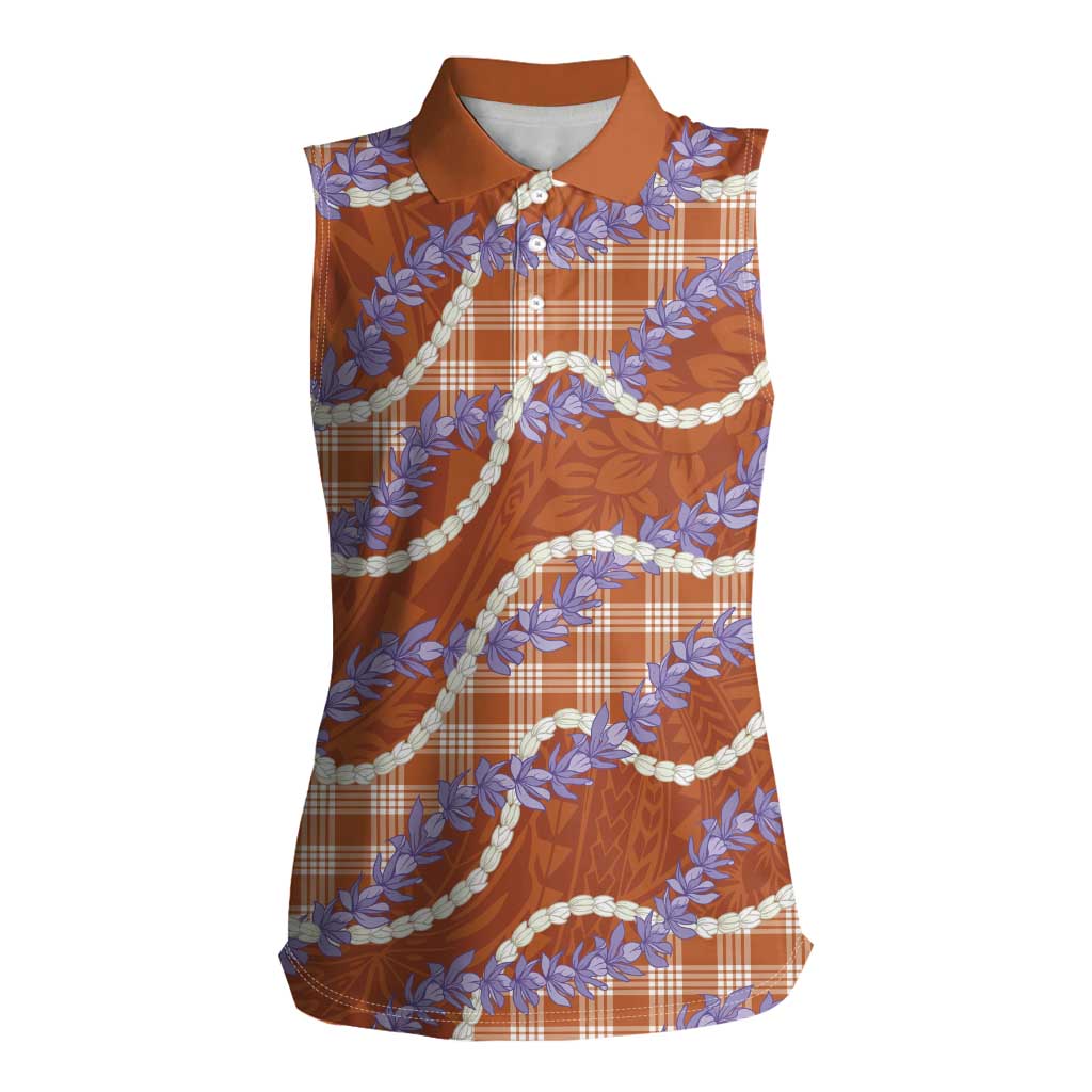 Orange Hawaii Palaka Honohono Pikake Women Sleeveless Polo Shirt Hawaiian Orchid Lei Polynesian Pattern - Polynesian Pride