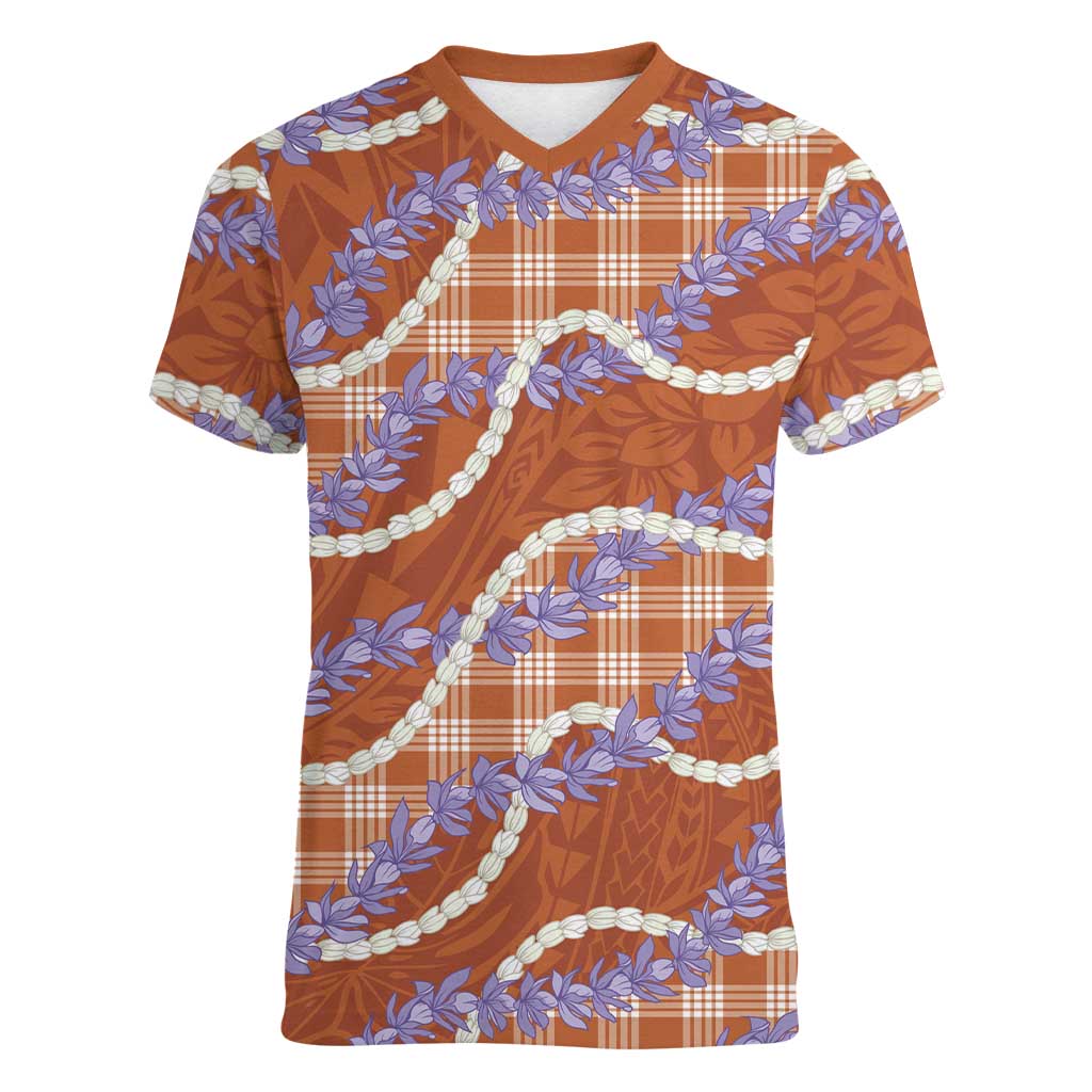 Orange Hawaii Palaka Honohono Pikake Women V-Neck T-Shirt Hawaiian Orchid Lei Polynesian Pattern - Polynesian Pride