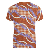 Orange Hawaii Palaka Honohono Pikake Women V-Neck T-Shirt Hawaiian Orchid Lei Polynesian Pattern LT14 - Polynesian Pride
