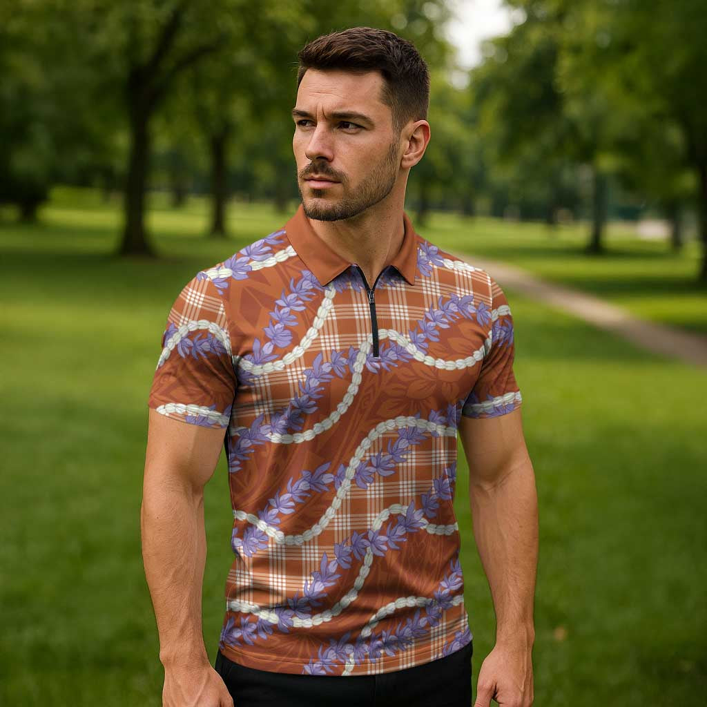 Orange Hawaii Palaka Honohono Pikake Zipper Polo Shirt Hawaiian Orchid Lei Polynesian Pattern LT14 - Polynesian Pride