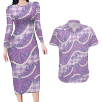 Purple Hawaii Palaka Honohono Pikake Couples Matching Long Sleeve Bodycon Dress and Hawaiian Shirt Hawaiian Orchid Lei Polynesian Pattern LT14 Purple - Polynesian Pride