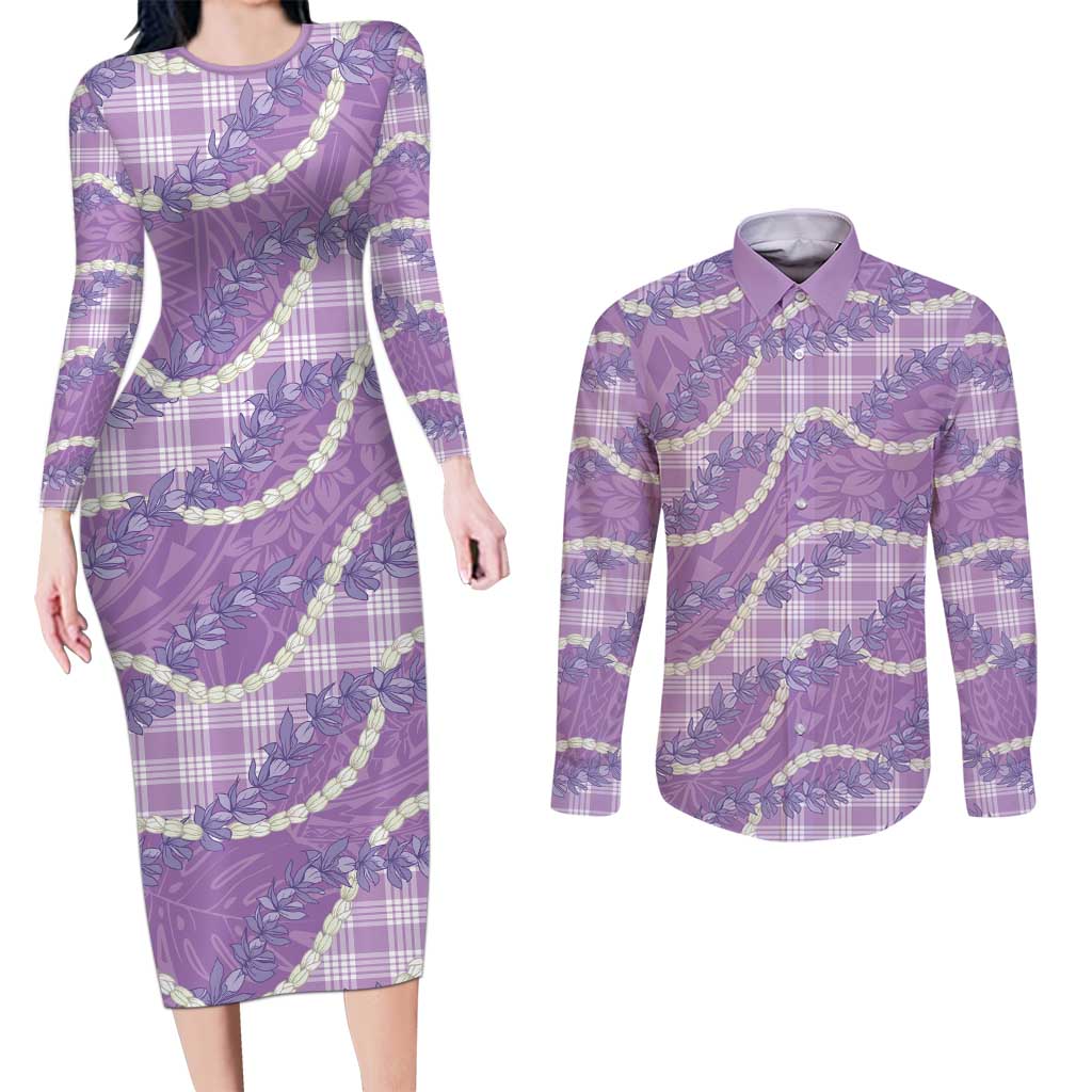 Purple Hawaii Palaka Honohono Pikake Couples Matching Long Sleeve Bodycon Dress and Long Sleeve Button Shirt Hawaiian Orchid Lei Polynesian Pattern LT14 Purple - Polynesian Pride