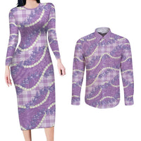 Purple Hawaii Palaka Honohono Pikake Couples Matching Long Sleeve Bodycon Dress and Long Sleeve Button Shirt Hawaiian Orchid Lei Polynesian Pattern LT14 Purple - Polynesian Pride