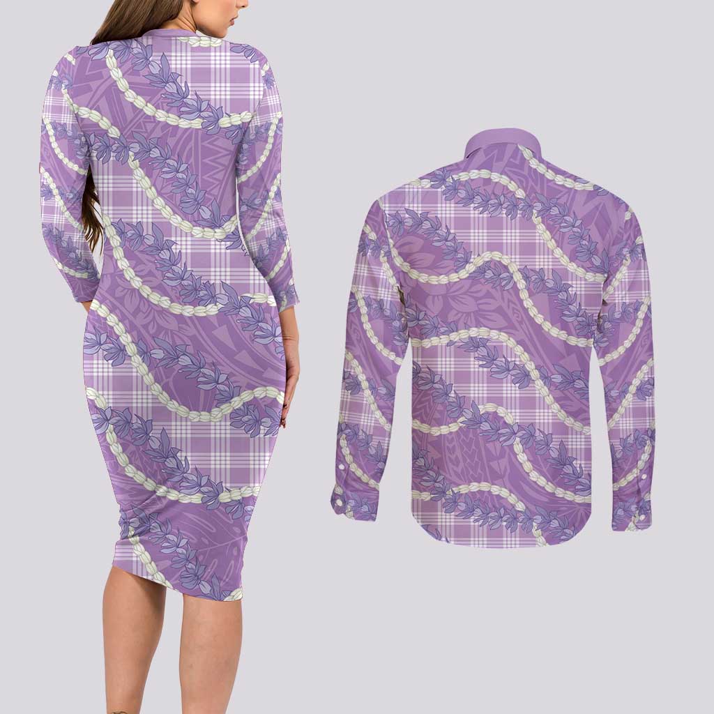 Purple Hawaii Palaka Honohono Pikake Couples Matching Long Sleeve Bodycon Dress and Long Sleeve Button Shirt Hawaiian Orchid Lei Polynesian Pattern LT14 - Polynesian Pride