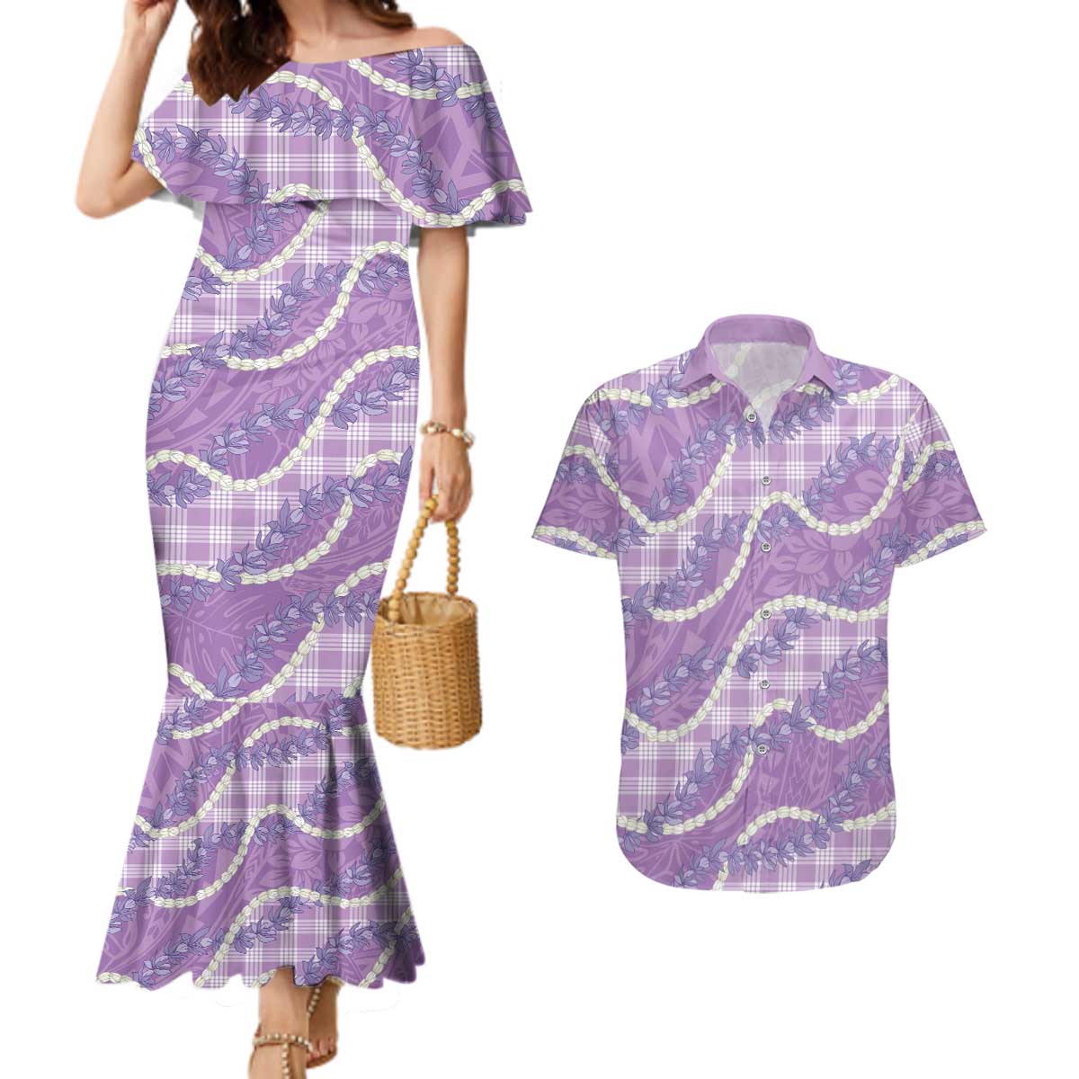 Purple Hawaii Palaka Honohono Pikake Couples Matching Mermaid Dress and Hawaiian Shirt Hawaiian Orchid Lei Polynesian Pattern LT14 Purple - Polynesian Pride