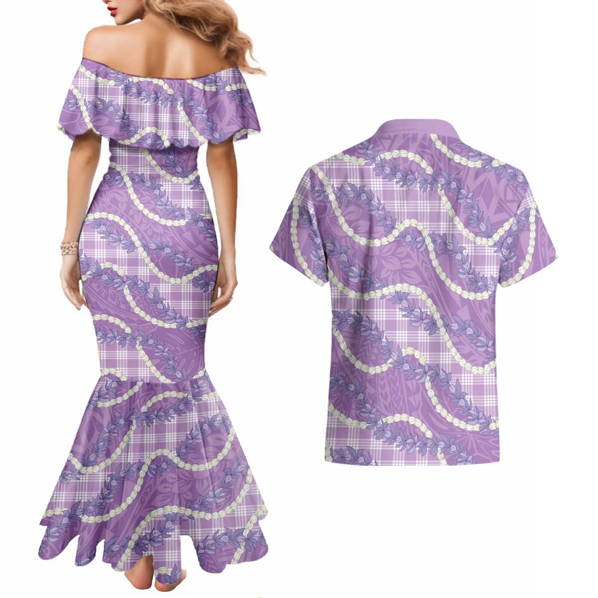 Purple Hawaii Palaka Honohono Pikake Couples Matching Mermaid Dress and Hawaiian Shirt Hawaiian Orchid Lei Polynesian Pattern LT14 - Polynesian Pride