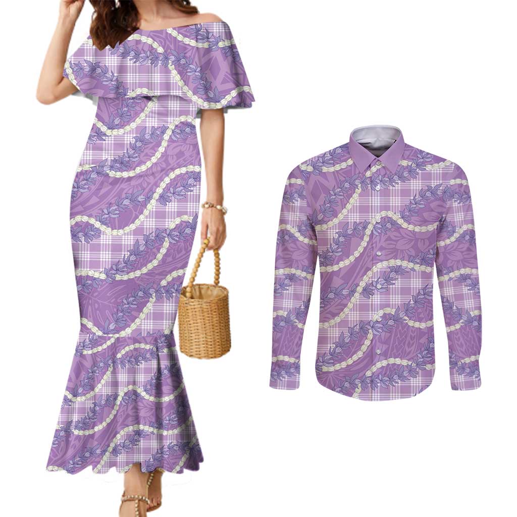 Purple Hawaii Palaka Honohono Pikake Couples Matching Mermaid Dress and Long Sleeve Button Shirt Hawaiian Orchid Lei Polynesian Pattern LT14 Purple - Polynesian Pride
