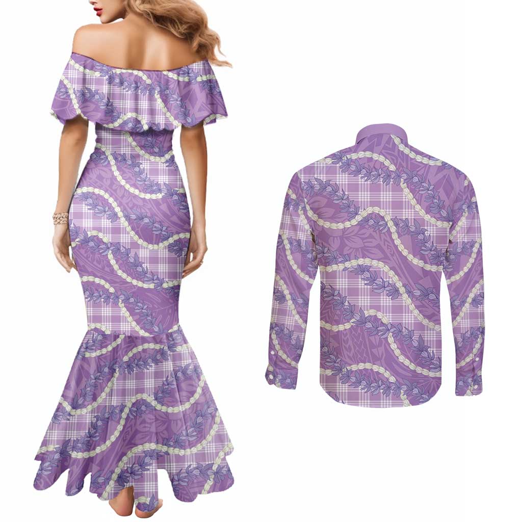 Purple Hawaii Palaka Honohono Pikake Couples Matching Mermaid Dress and Long Sleeve Button Shirt Hawaiian Orchid Lei Polynesian Pattern LT14 - Polynesian Pride