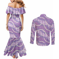 Purple Hawaii Palaka Honohono Pikake Couples Matching Mermaid Dress and Long Sleeve Button Shirt Hawaiian Orchid Lei Polynesian Pattern LT14 - Polynesian Pride