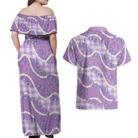 Purple Hawaii Palaka Honohono Pikake Couples Matching Off Shoulder Maxi Dress and Hawaiian Shirt Hawaiian Orchid Lei Polynesian Pattern LT14 - Polynesian Pride