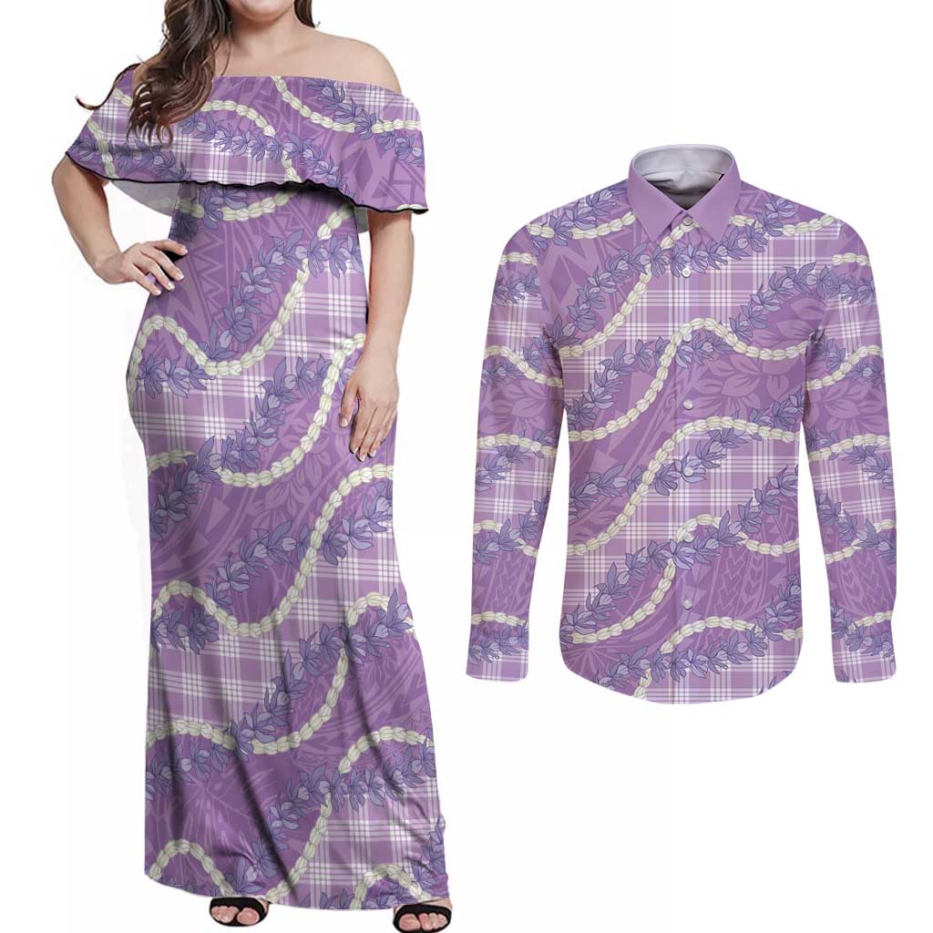 Purple Hawaii Palaka Honohono Pikake Couples Matching Off Shoulder Maxi Dress and Long Sleeve Button Shirt Hawaiian Orchid Lei Polynesian Pattern LT14 Purple - Polynesian Pride