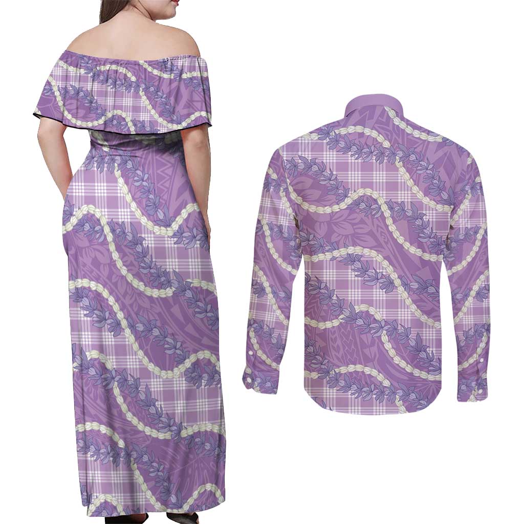 Purple Hawaii Palaka Honohono Pikake Couples Matching Off Shoulder Maxi Dress and Long Sleeve Button Shirt Hawaiian Orchid Lei Polynesian Pattern LT14 - Polynesian Pride