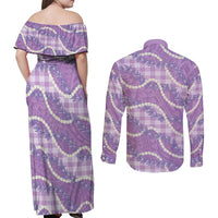Purple Hawaii Palaka Honohono Pikake Couples Matching Off Shoulder Maxi Dress and Long Sleeve Button Shirt Hawaiian Orchid Lei Polynesian Pattern LT14 - Polynesian Pride