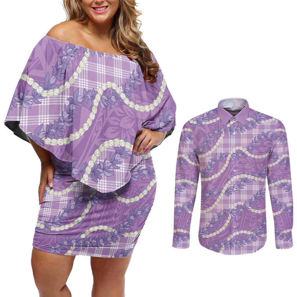 Purple Hawaii Palaka Honohono Pikake Couples Matching Off Shoulder Short Dress and Long Sleeve Button Shirt Hawaiian Orchid Lei Polynesian Pattern LT14 Purple - Polynesian Pride
