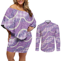 Purple Hawaii Palaka Honohono Pikake Couples Matching Off Shoulder Short Dress and Long Sleeve Button Shirt Hawaiian Orchid Lei Polynesian Pattern LT14 Purple - Polynesian Pride