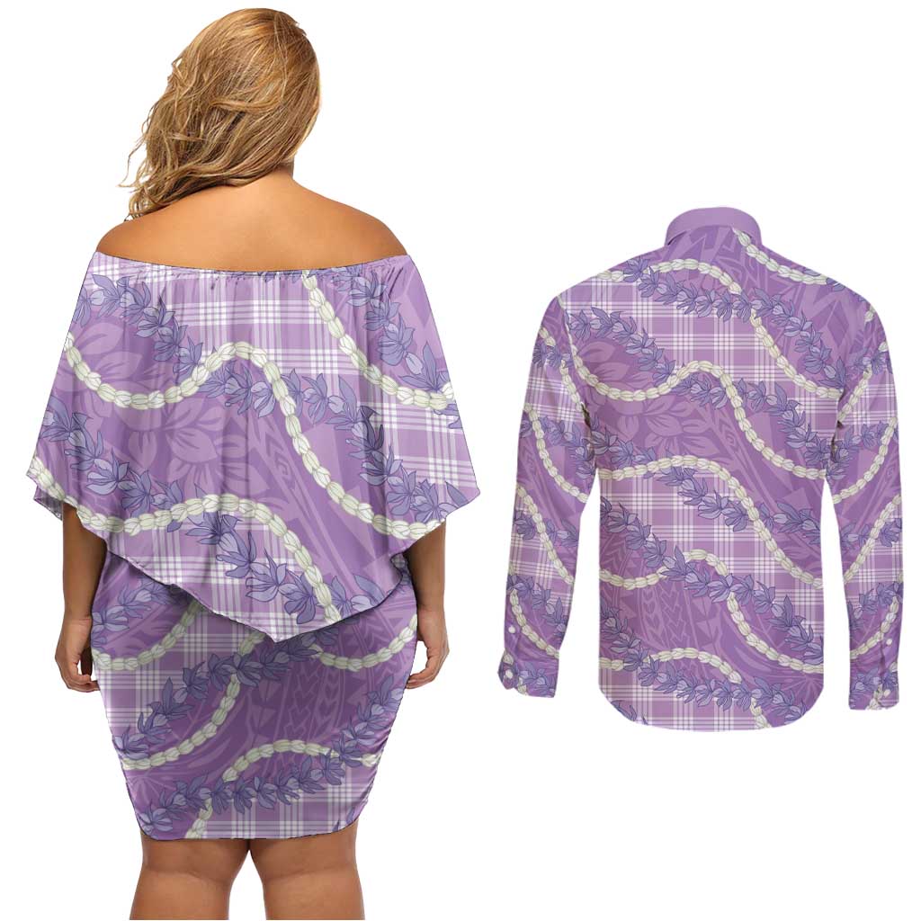Purple Hawaii Palaka Honohono Pikake Couples Matching Off Shoulder Short Dress and Long Sleeve Button Shirt Hawaiian Orchid Lei Polynesian Pattern LT14 - Polynesian Pride
